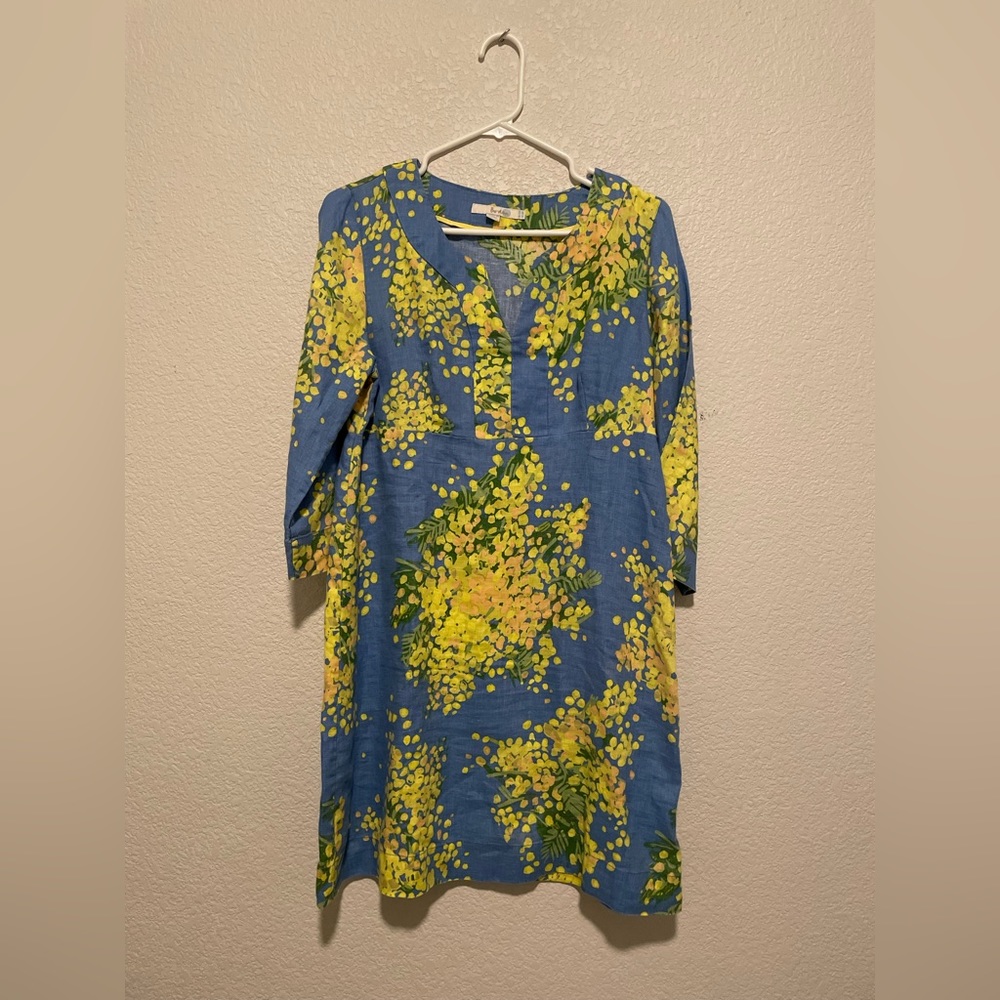 Boden Blue Yellow Green Abstract Print Linen Shift Dress Size US 8